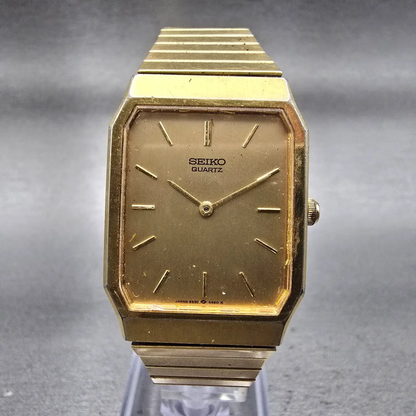 Seiko Tank Watch Men 26mm Gold Dial Gold Tone Rectangle 6530-5790 New Battery0