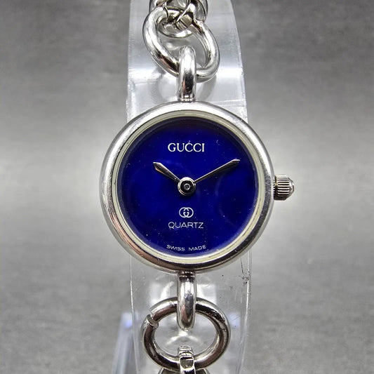Gucci Watch Women 20mm Blue Dial Sterling Silver Round 2900 New Battery VintageK0
