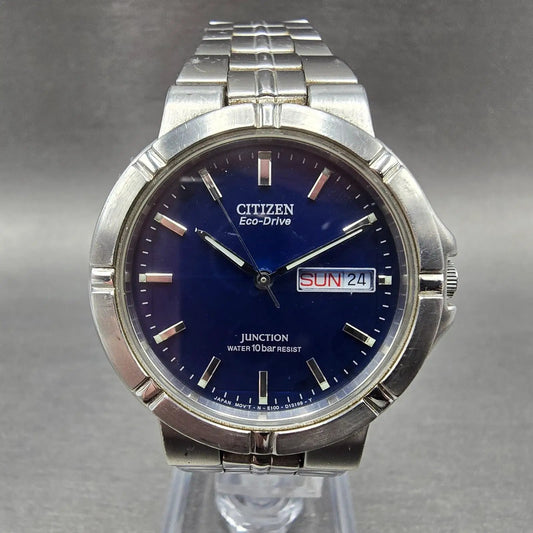 Citizen Eco-Drive Junction Watch Men 35mm Blue Dial Steel Daydate Round Runs0