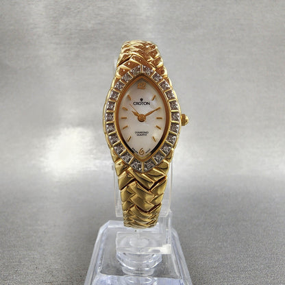 Croton Watch Women 19mm MOP Dial Gold Tone Crystal Bezel Oval new Battery5