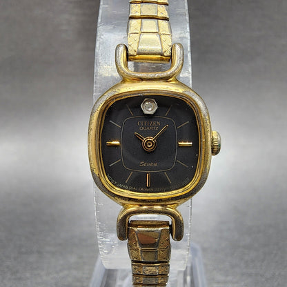 Citizen Seven Watch Women 17mm Black Dial Gold Tone Square 3220949081 New Batt0