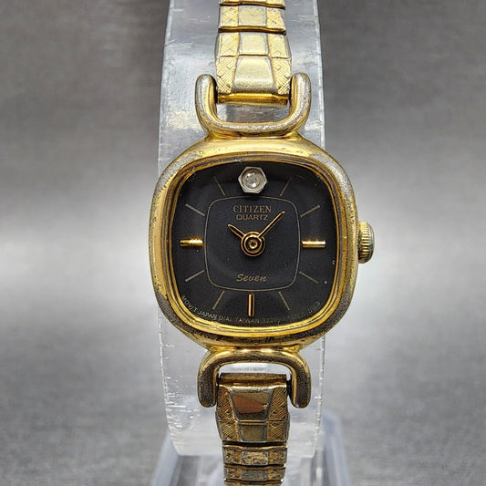 Citizen Seven Watch Women 17mm Black Dial Gold Tone Square 3220949081 New Batt0