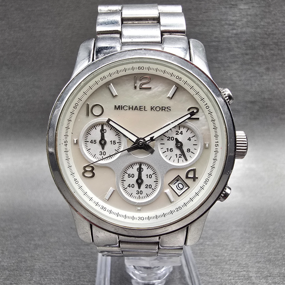 Michael Kors Runway Watch Women 38mm MOP Dial Chrono Date MK-5304 New Battery0
