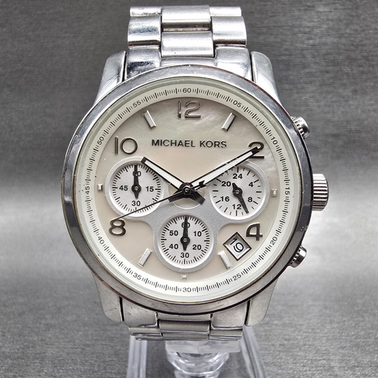 Michael Kors Runway Watch Women 38mm MOP Dial Chrono Date MK-5304 New Battery0