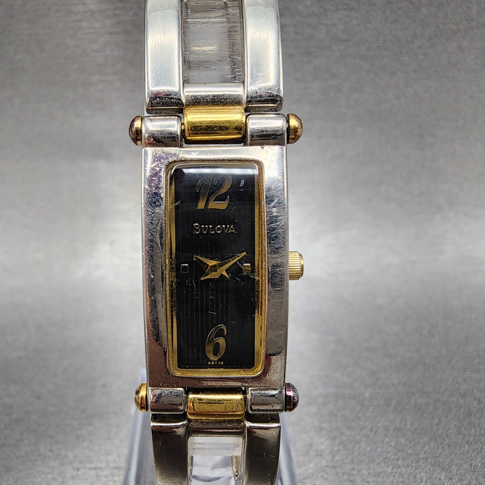 Bulova Watch Women 14mm Black Dial Two Tone Rectangle 98T18 New Battery0