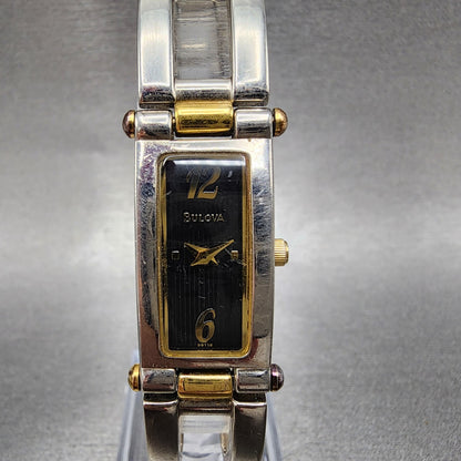 Bulova Watch Women 14mm Black Dial Two Tone Rectangle 98T18 New Battery0