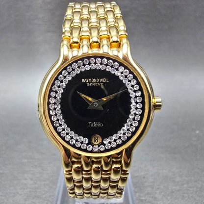 Raymond Weil Fideli Watch Women 24mm Black Dial Gold Plated Date 4702 New Batt0