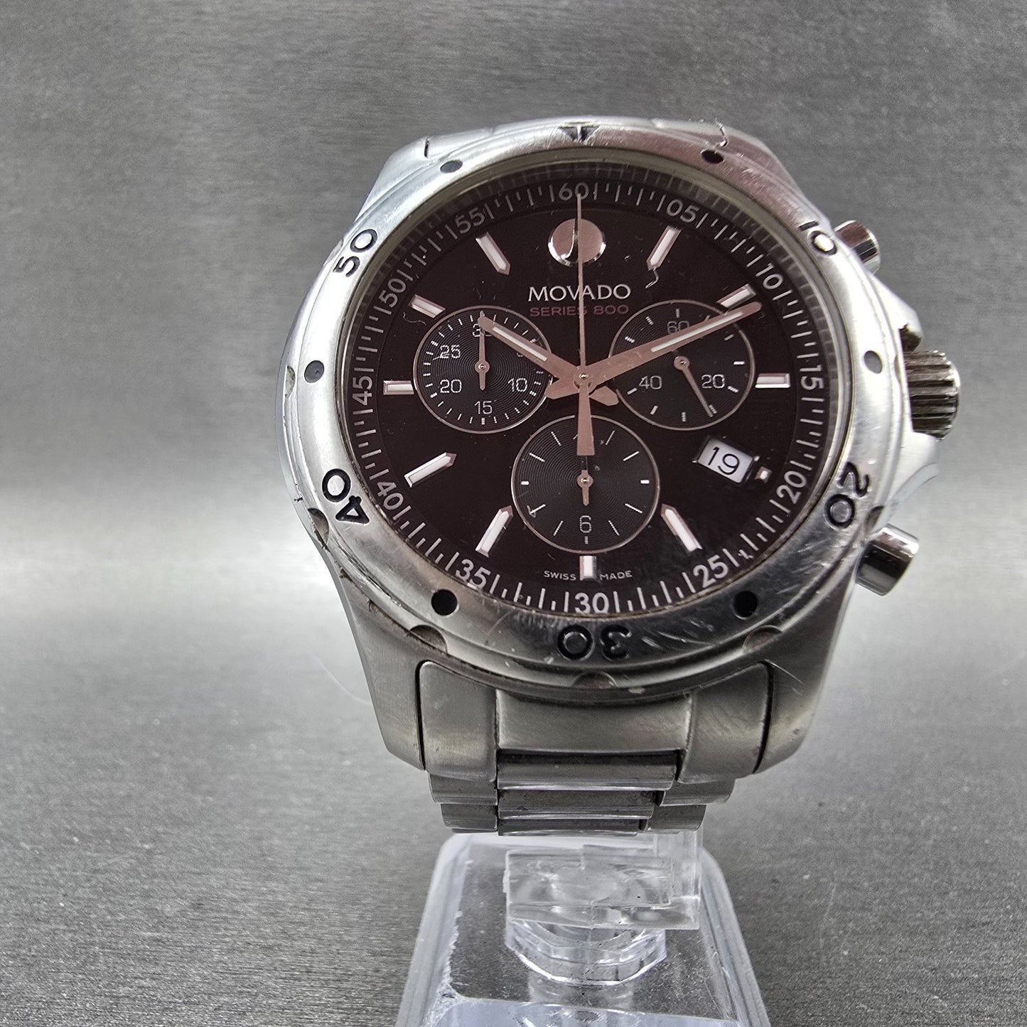 Movado Series 800 Chronograph Watch Men 42mm Black Dial Steel Round New Battery5