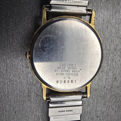 Seiko Watch Men 32mm Gold Dial Gold Tone Date Round 5Y39-7010 New Battery VTG10