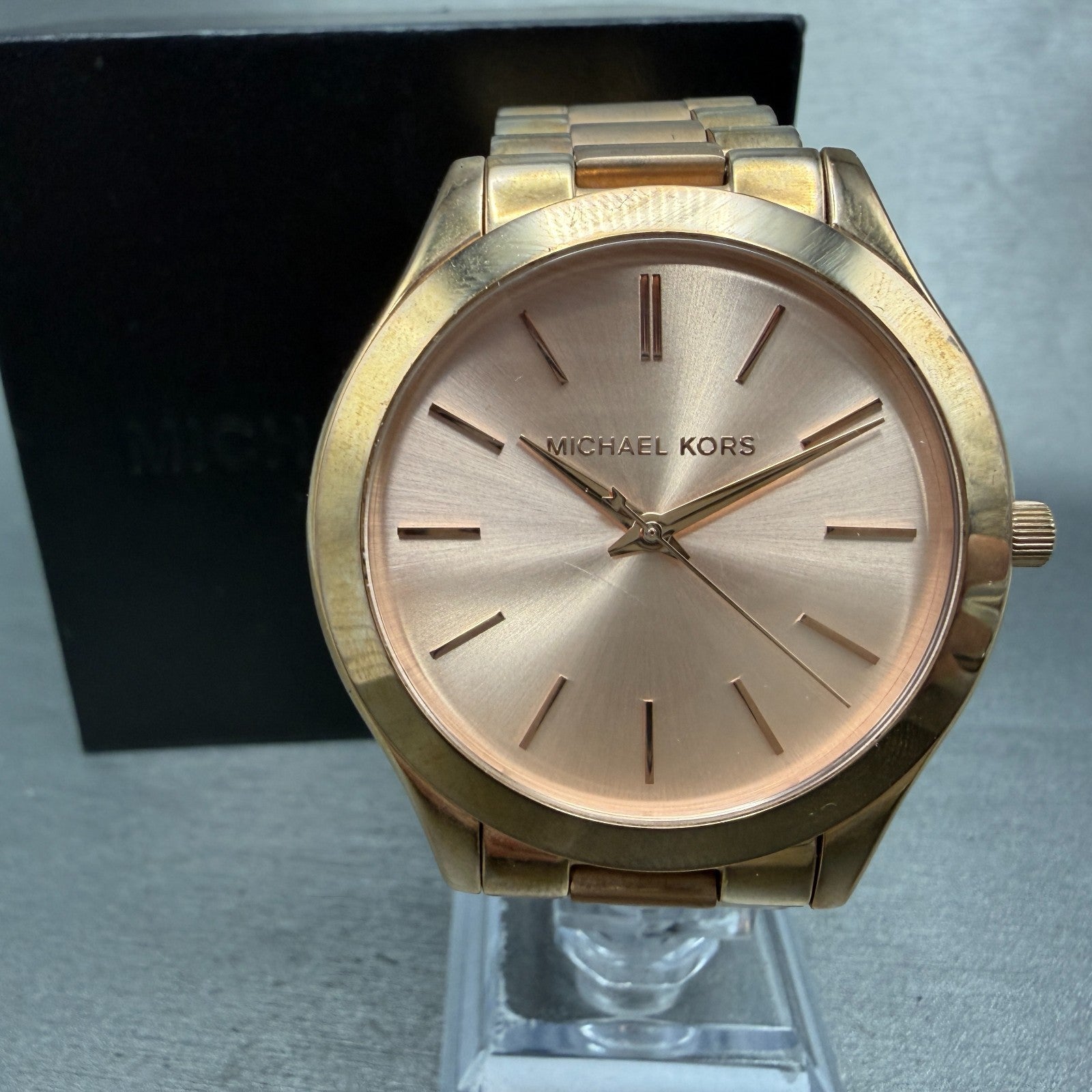 Michael Kors Runway Watch Women 42mm Pink Dial Rose Gold Tone MK-3197 New Batt0