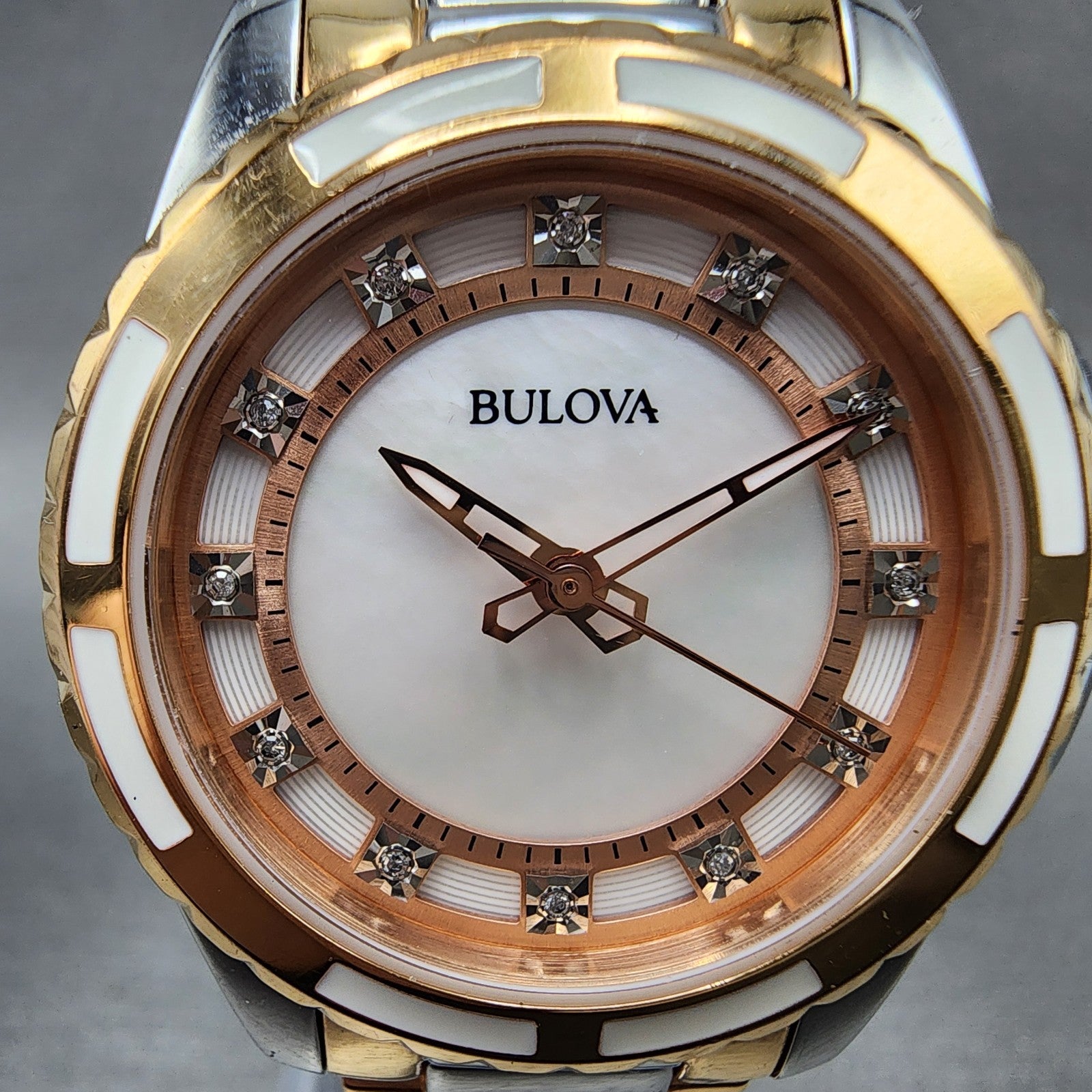Bulova Diamond Watch Women 32mm MOP Dial Two Tone Round 98P134 New Battery1