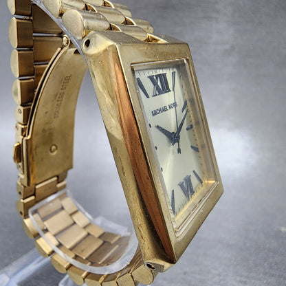Michael Kors Nash Watch Women 27mm Champagne Dial Gold Tone Rectangle New Batt3