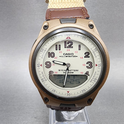 Casio Illuminator Watch Men 40mm Analog Digital Cream Dial Brown Case New Batt0