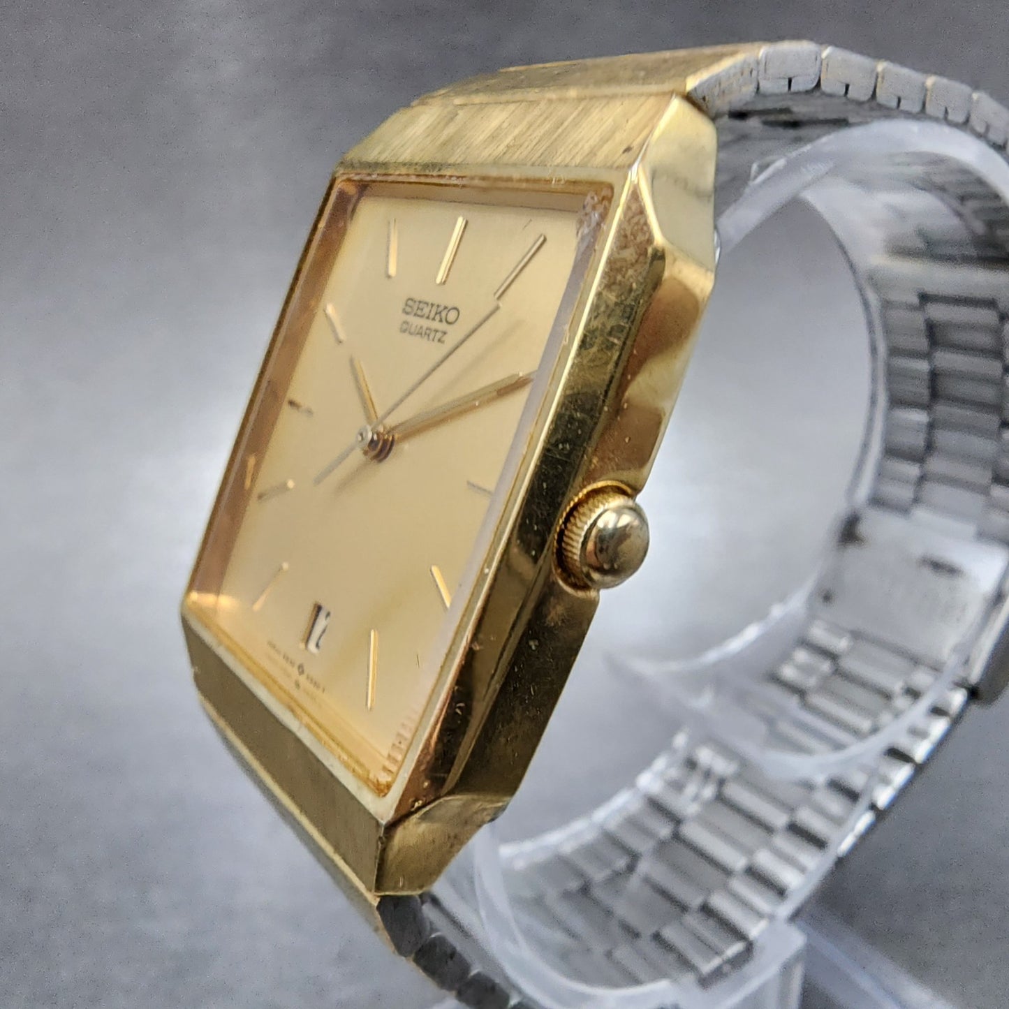 Seiko Tank Watch Men 26mm Champagne Dial Gold Tone Date 6532-5230 New Battery