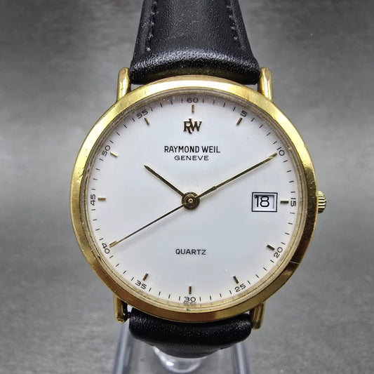 Raymond Weil Watch Men 31mm White Dial Gold Plated Date Round 5507-2 New Battery0
