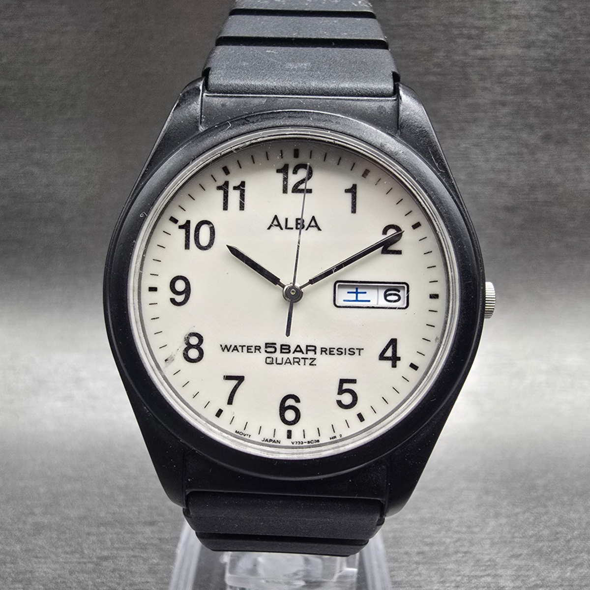 Seiko Alba Watch Men 35mm Ivory Dial Black Tone Daydate Round V733-8A90 New Batt0