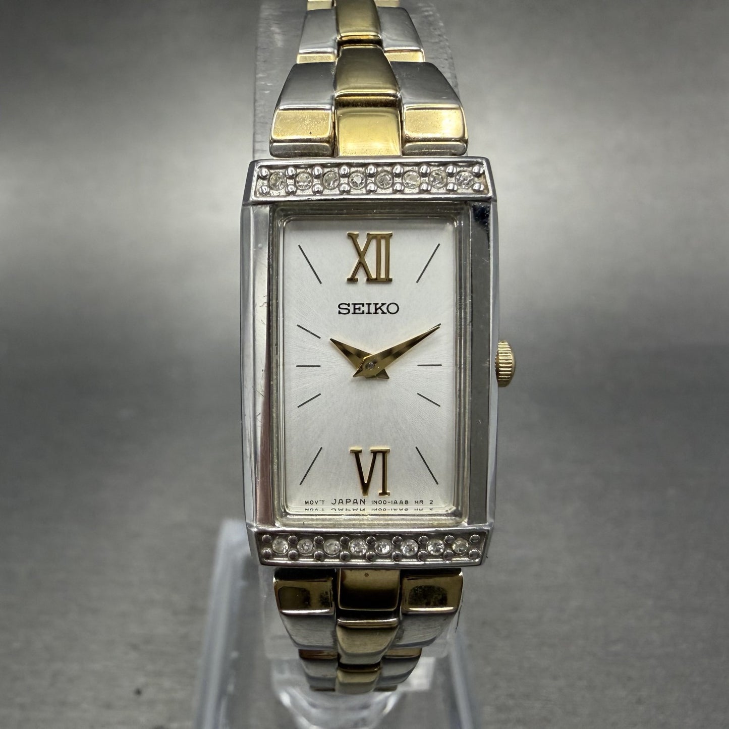 Seiko Tank Watch Women 16mm Silver Dial Two Tone Rectangle 1N00-0SG0 New Battery0