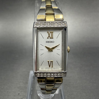 Seiko Tank Watch Women 16mm Silver Dial Two Tone Rectangle 1N00-0SG0 New Battery0