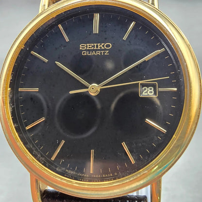Seiko Watch Men 34mm Black Dial Gold Tone Date Round 7N22-8A09 New Battery VTG1