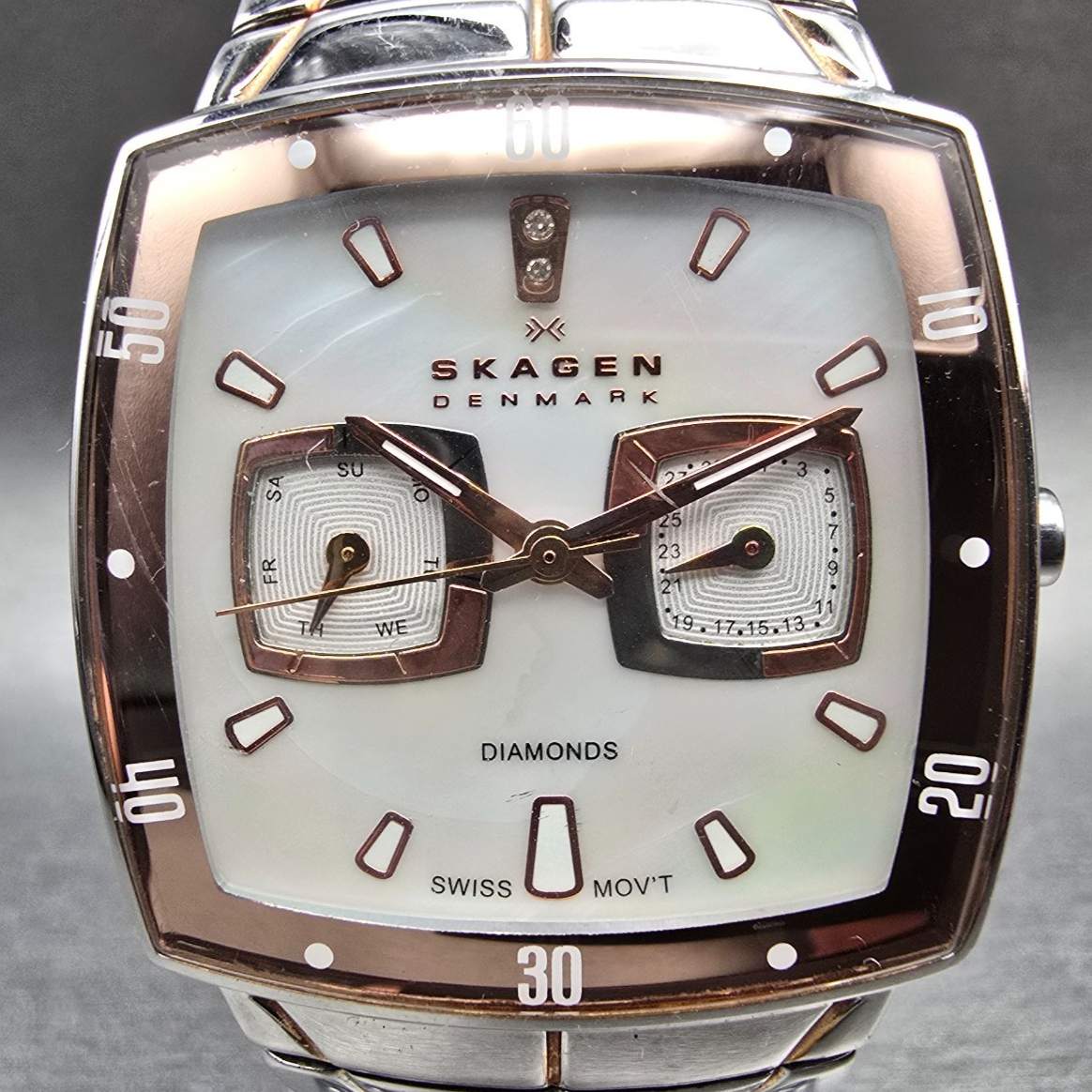 Skagen Watch Women 32mm MOP Dial Two Tone Daydate Square 626SSXR New Battery1