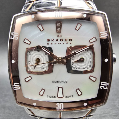 Skagen Watch Women 32mm MOP Dial Two Tone Daydate Square 626SSXR New Battery1