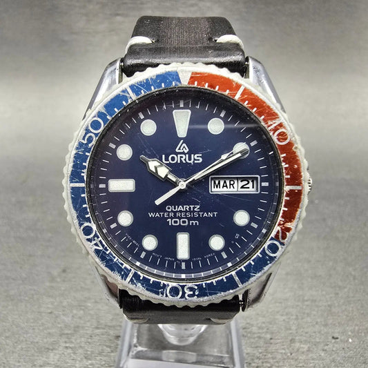 Lorus Dive Watch Men 38mm Blue Dial Silver Tone Daydate Pepsi Y143-804A New Batt0