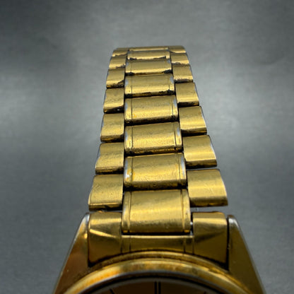 Seiko Alarm Watch Men 34mm Gold Dial Gold Tone Daydate Round 5C23-8009 New Batt24