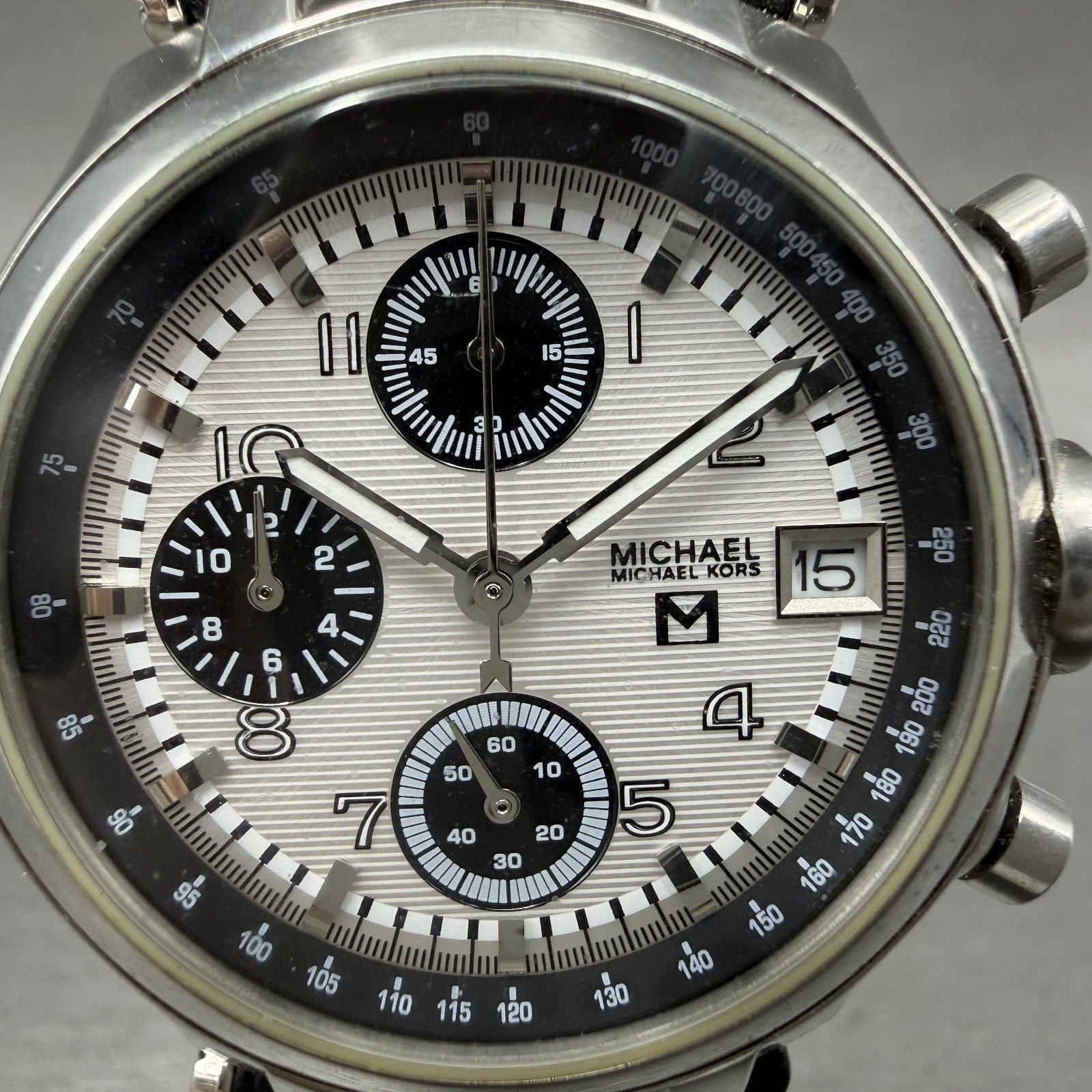 Michael Kors Chronograph Watch Women 36mm White Dial Steel Date MK5003 New Batt1