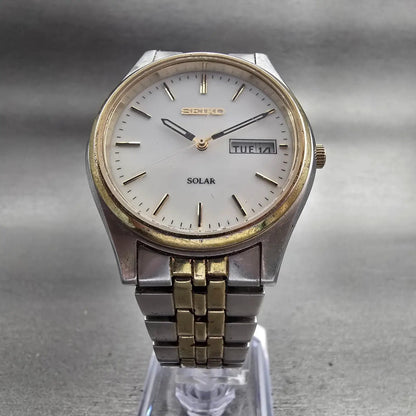 Seiko Solar Watch Men 37mm White Dial Two Tone Daydate Round V158-0AA0 Works5