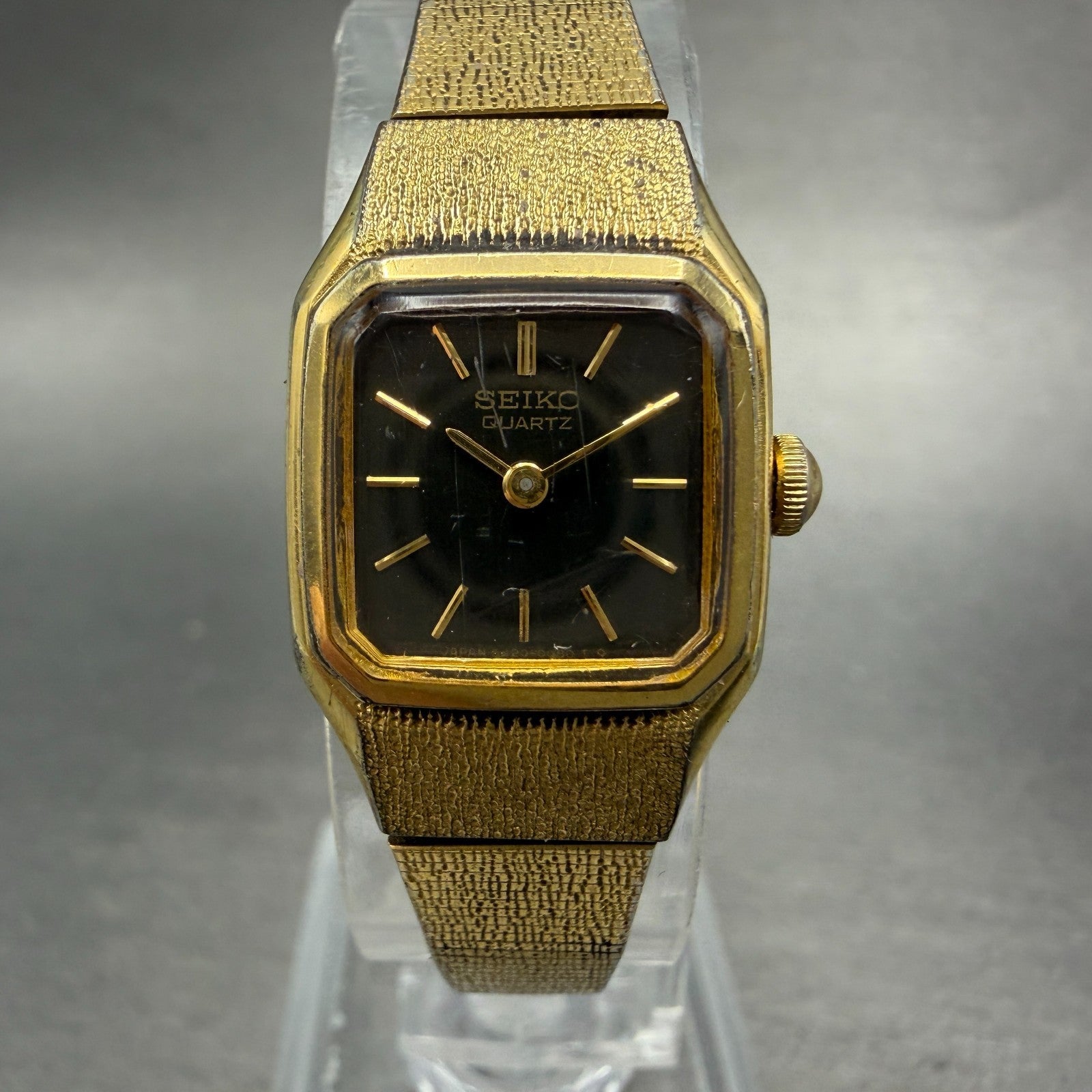 Seiko Tank Watch Women 17mm Brown Dial Gold Tone Rectangle 5420-5019 New Batt B20