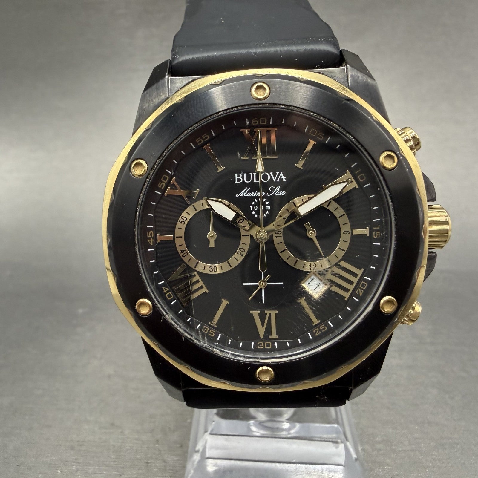 Bulova Marine Star Chronograph Watch Men 45mm Black Dial Black Date 98B278 Works0
