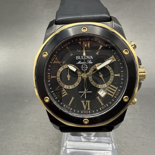 Bulova Marine Star Chronograph Watch Men 45mm Black Dial Black Date 98B278 Works0