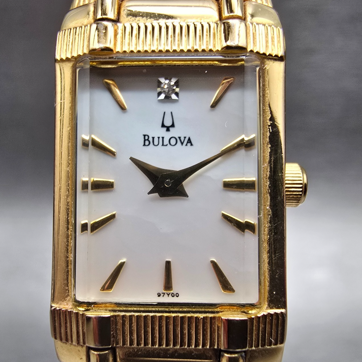 Bulova Tank Watch Women 15mm MOP Dial Gold Tone Rectangle 97Y00 New Battery1