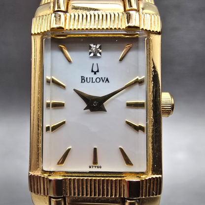 Bulova Tank Watch Women 15mm MOP Dial Gold Tone Rectangle 97Y00 New Battery1