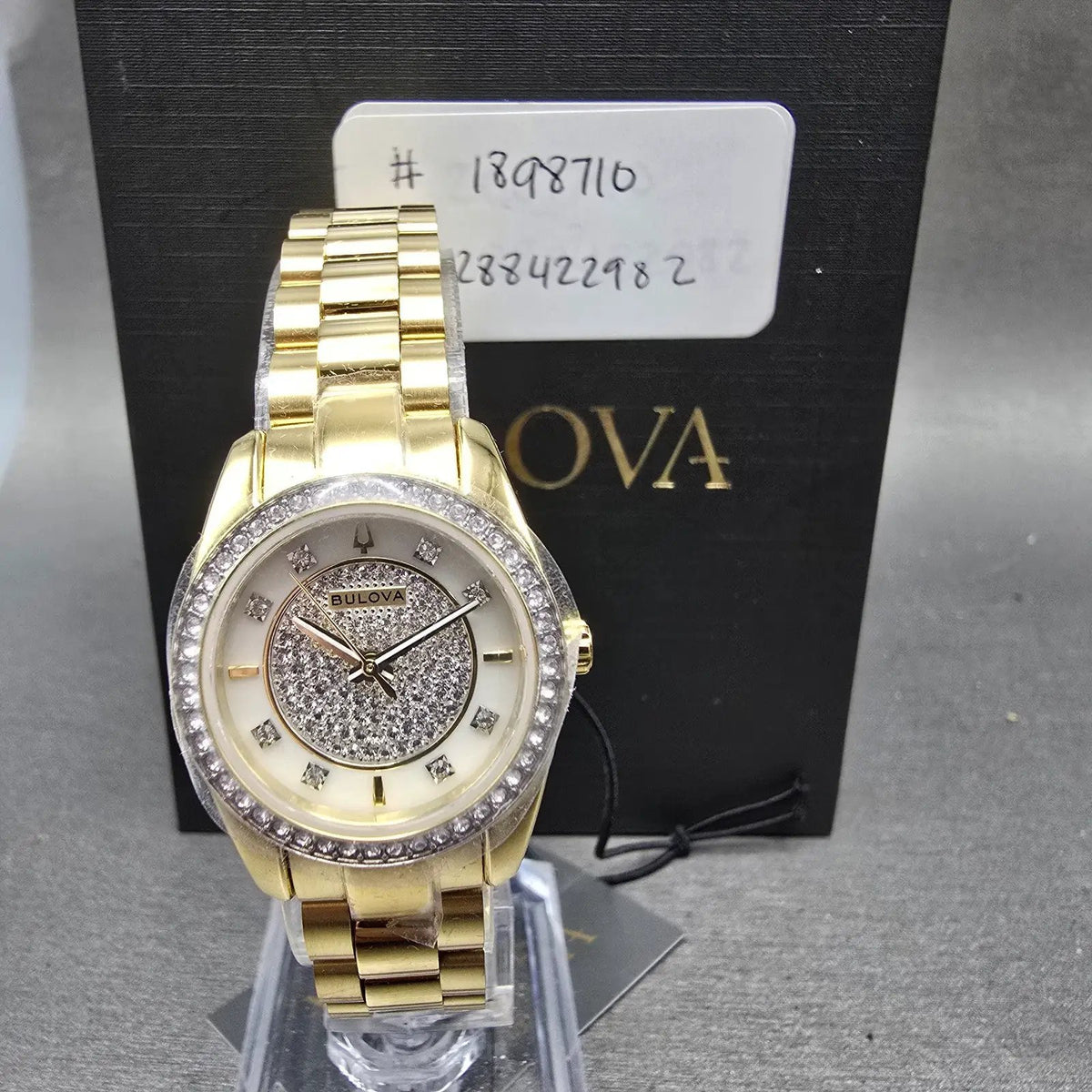 Bulova Watch Women 24mm MOP Dial Gold Tone Round Crystal Bezel 98L315 New batt0