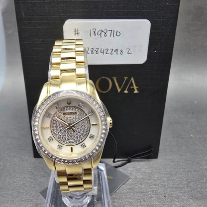 Bulova Watch Women 24mm MOP Dial Gold Tone Round Crystal Bezel 98L315 New batt0