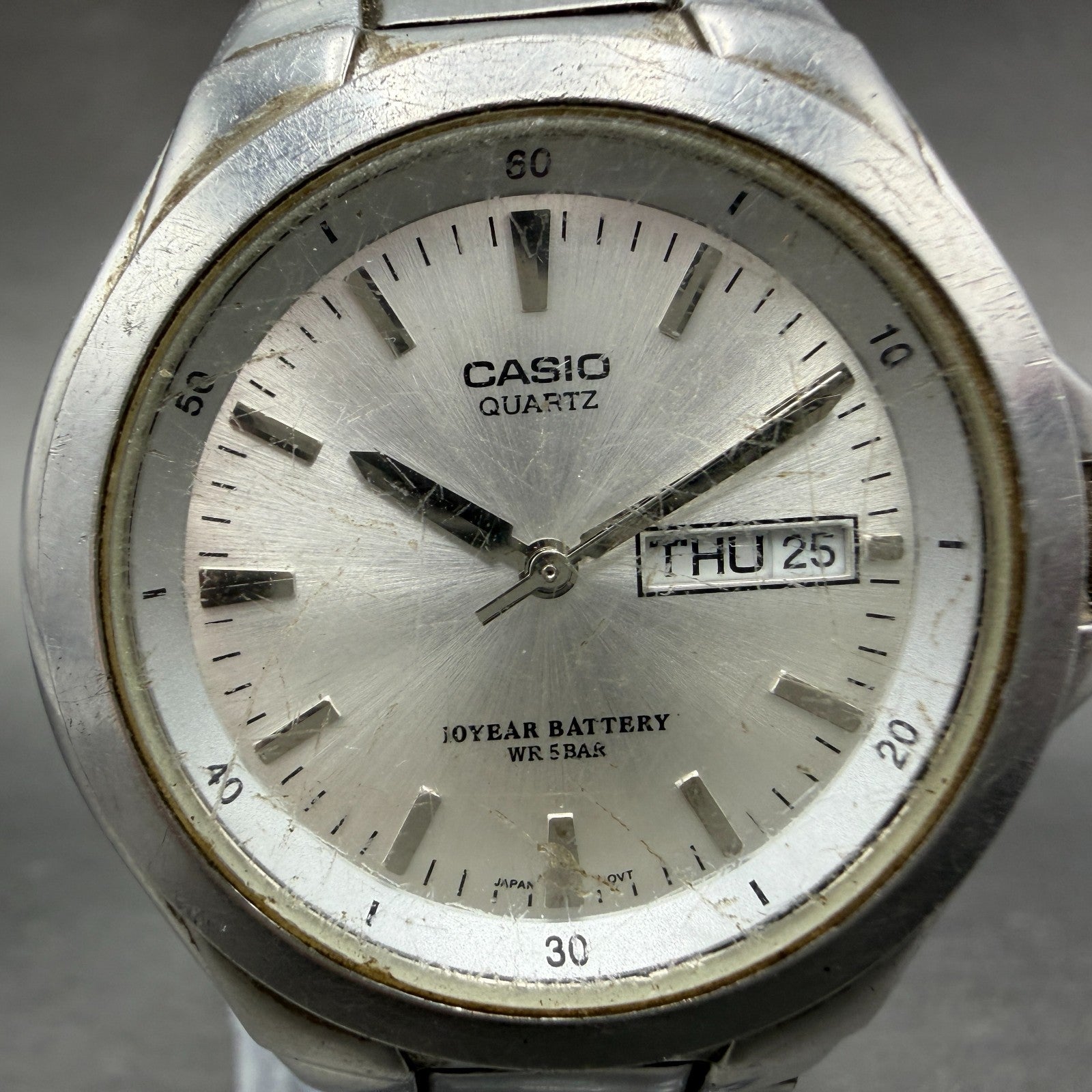 Casio Watch Men 38mm Silver Dial Silver Tone Daydate MTP-1228DJ New Battery1