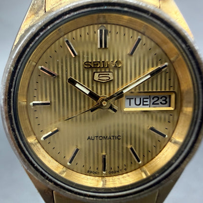 Seiko 5 Automatic Watch Women 24mm Champagne Dial Gold Tone Daydate 2906 Runs1