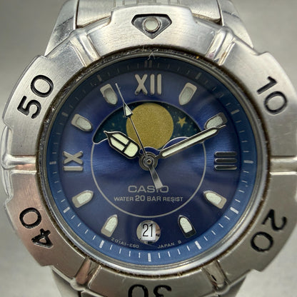 Casio Moonphase Dive Watch Women 31mm Blue Dial Steel Date Round LD-738 NewBat1