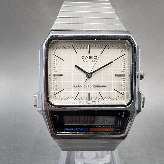 Casio AQ450 Watch Men 30mm White Dial Silver Tone Analog Digital New Battery0