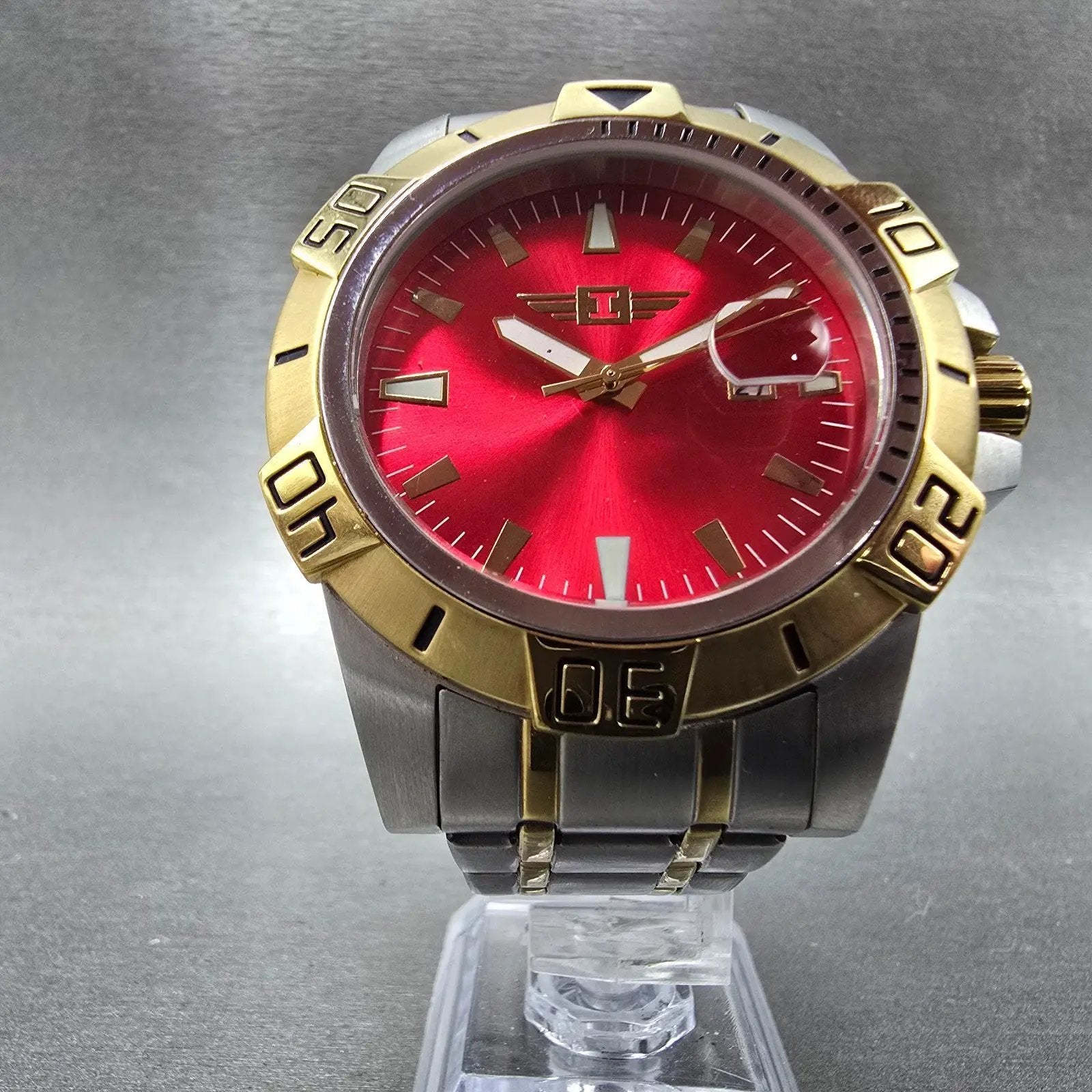 Invicta Pro Diver Watch Men 45mm Red Dial Two Tone Date Round New Battery5