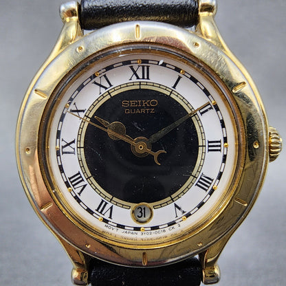 Seiko Age Of Discovery Watch Women 26mm Black Dial Gold Tone Date Round New Batt1