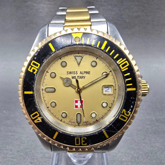 Swiss Alpine Military Dive Watch Men 38mm Gold Dial Two Tone Date Round New Batt0