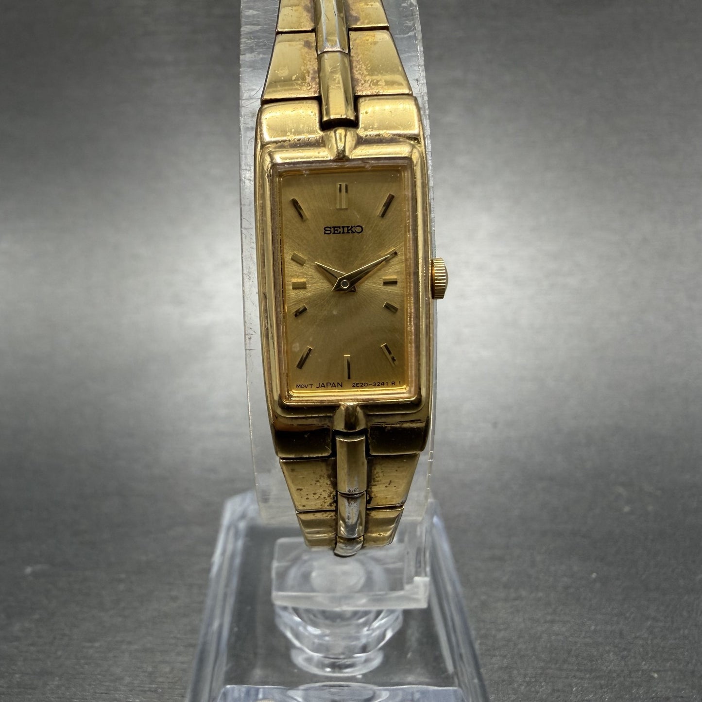 Seiko Watch Women 13mm Gold Dial Gold Tone Rectangle 2E20-7479 New Battery ABhbd0