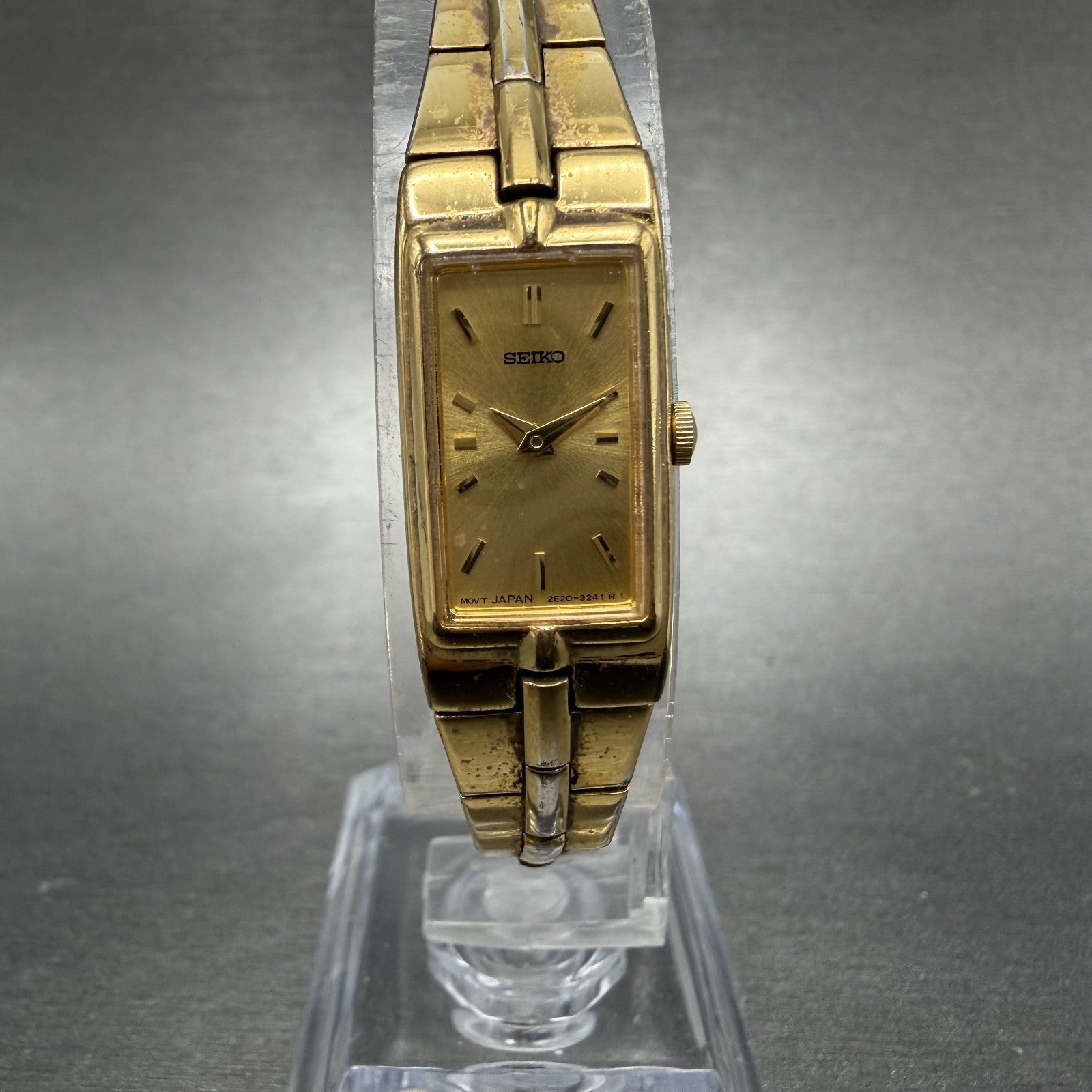 Seiko Watch Women 13mm Gold Dial Gold Tone Rectangle 2E20-7479 New Battery ABhbd0