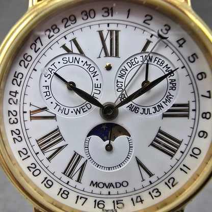 Movado Triple Calendar Moon Phase Watch Men 34mm White Dial Gold Tone NewBattery1