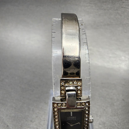 Citizen Eco-Drive Tank Watch Women 14mm Black Dial Steel Rectangle Crystals Runs