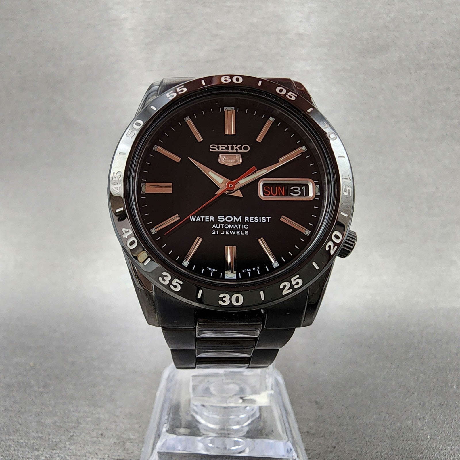 Seiko 5 Automatic 36mm Watch Men Black Dial Black Tone Daydate 7s2602t0 Runs7