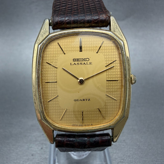 Seiko Lassale Tank Watch Men 28mm Champagne Dial Gold Tone 6020-5839 New Battery0