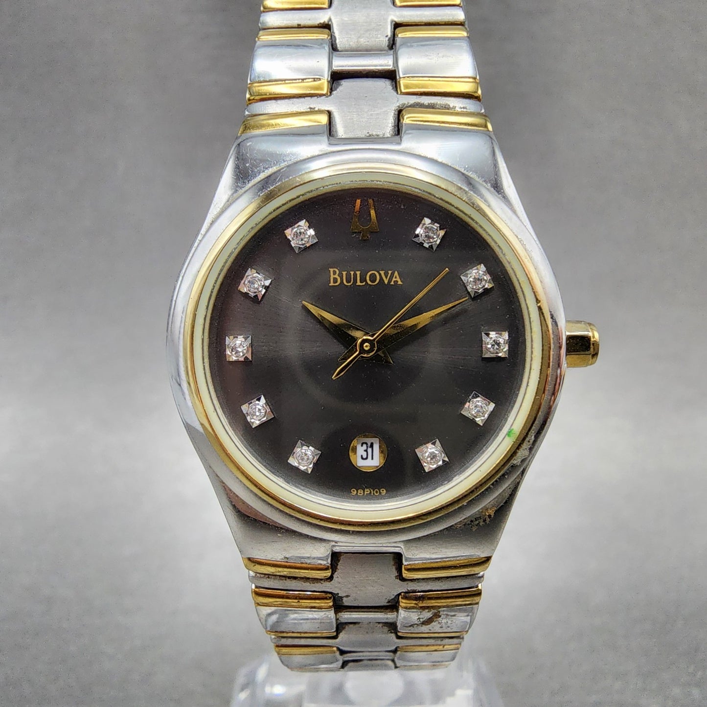 Bulova Watch Women 26mm Black Dial Two Tone Diamond Marker 98P109 New Battery0
